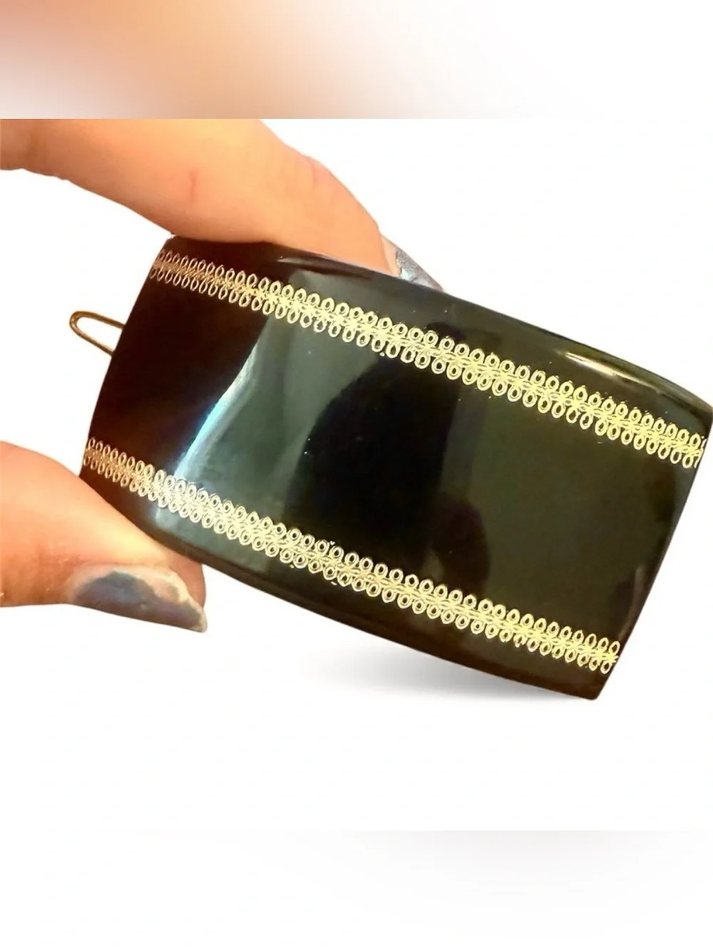 1950’s French Curved Hair Clip Barrette in Black & Gold, Wire Clasp, Unworn 2.5”